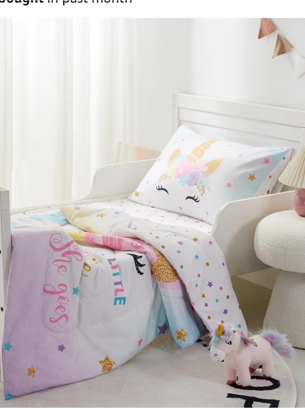 Toddler Bed Set Unicorn Pastel Pink & White Stars
She leaves a little sparkle